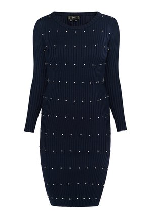 Navy ribbed knit dress with long sleeves, featuring scattered metallic studs for detailing and a fitted silhouette that falls below the knee.