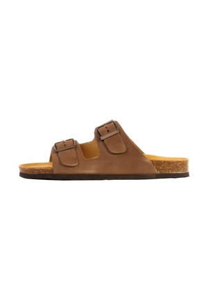 Brun slidesandal med to justerbare spænder og korksål, flad bund, designet til afslappet brug.