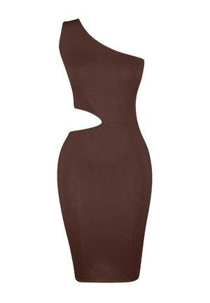 Brązowa dopasowana sukienka z prążkowanego dzianiny, z jednym szerokim ramieniem i wycięciem w talii po lewej stronie, długość do kolan.