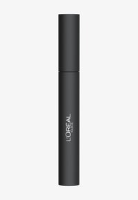 Schwarzer zylindrischer Mascara-Tube mit einer glatten matten Oberfläche. Auf der Vorderseite befindet sich weißer Text mit der Aufschrift "L'Oréal Paris". Keine zusätzlichen Verzierungen.