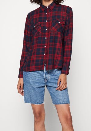 Persoon draagt een rood en marineblauw geruit overhemd met knopen en voorzakken, gecombineerd met lichtblauwe denim shorts met uitrafelde zomen.