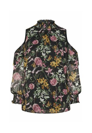 Kukkakuosiset paita, jossa on korkea kaulus ja avoimet olkapäät. Mustalla taustalla on vaaleanpunaisia ja keltaisia kukkakuvioita, sekä joustavat hihansuut.