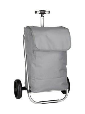 Einkaufswagen mit einem grauen Stoffkörper, einer klappbaren Klappe, einem silbernen Metallrahmen und schwarzen Gummirollen für einfache Mobilität.