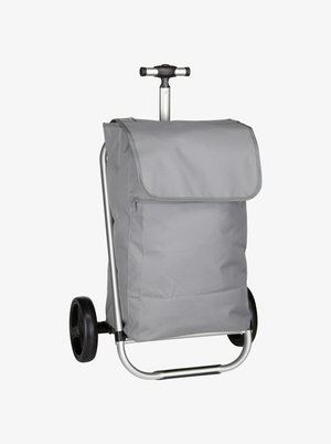 Wheeled shopping trolley with a gray fabric body, a foldable flap, silver metal frame, and black rubber wheels for easy mobility.