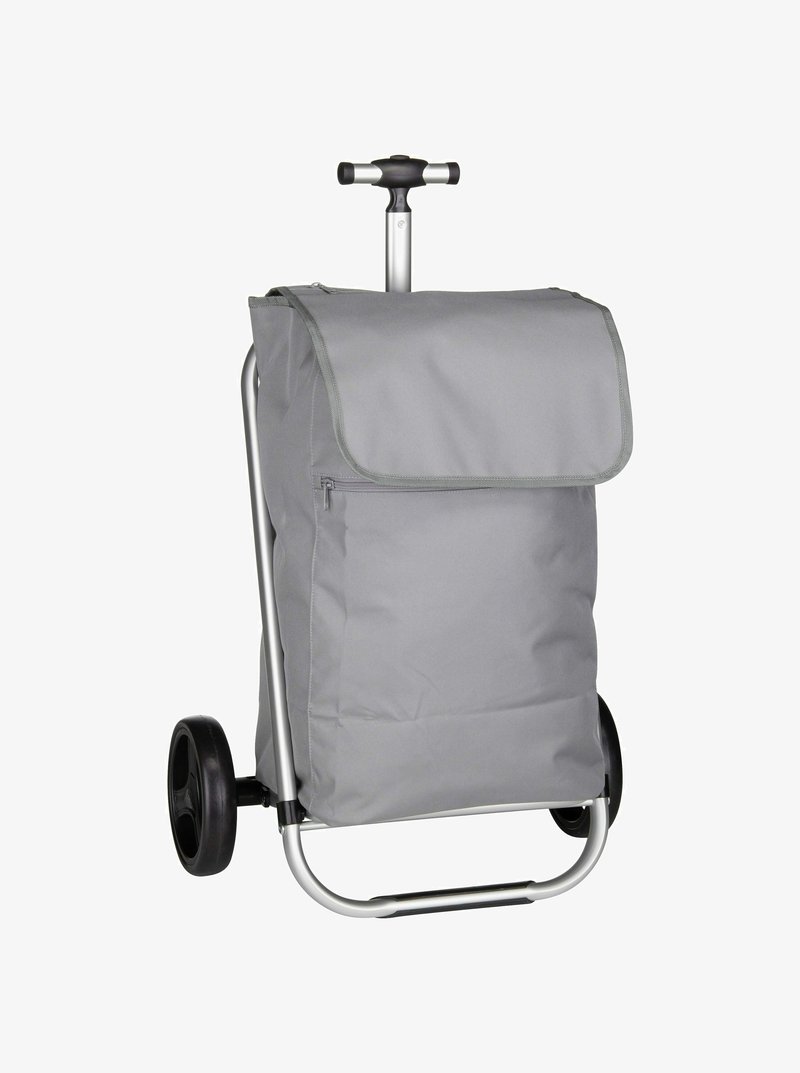 Einkaufswagen mit einem grauen Stoffkörper, einer klappbaren Klappe, einem silbernen Metallrahmen und schwarzen Gummirollen für einfache Mobilität.