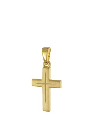 Gold cross pendant with polished bail and engraved star detail in the center of the cross on a white background.