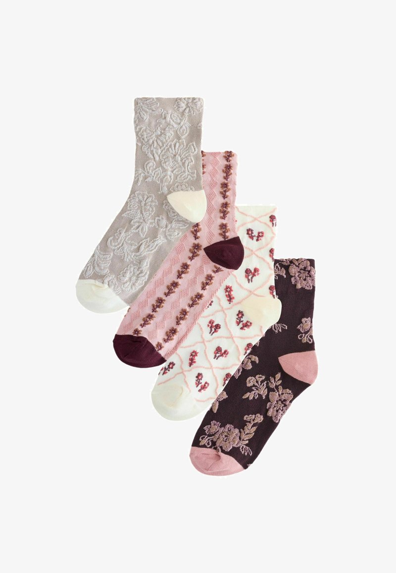 Vier Paar Socken mit floralem Stickmuster in verschiedenen Beige-, Pink- und Burgunderfarben, mit kontrastierenden Zehen- und Fersenakzenten.