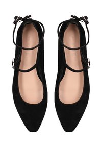 Een paar zwarte suède ballerina's met puntige neuzen, dubbele enkelsluitingen en zilveren gespen, beige binnenzolen, gezien van bovenaf.
