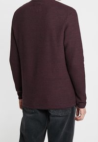 Suéter texturizado burdeos con cuello redondo y mangas largas, ajustado en los puños y el dobladillo, con un acabado suave en la parte posterior.