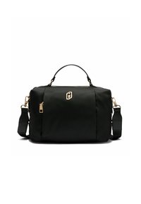 Borsa in nylon nera con finiture dorate, manici doppi, una tracolla staccabile e una zip superiore. Presenta un discreto dettaglio con logo.