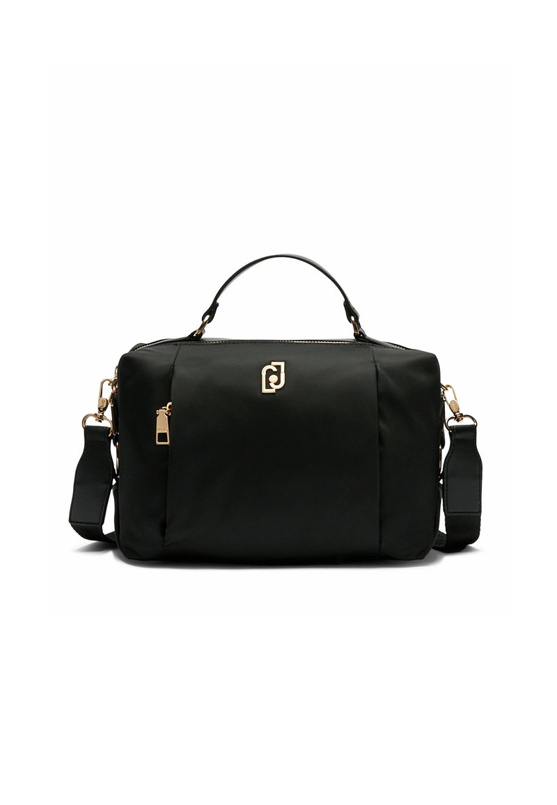 Borsa in nylon nera con finiture dorate, manici doppi, una tracolla staccabile e una zip superiore. Presenta un discreto dettaglio con logo.