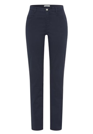 Marineblaue, gerade geschnittene Hose aus Baumwollmischgewebe. Verfügt über zwei Fronttaschen und einen Knopfverschluss. Einfaches, sauberes Design.