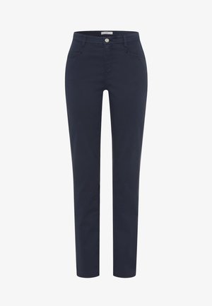 Marineblaue, gerade geschnittene Hose aus Baumwollmischgewebe. Verfügt über zwei Fronttaschen und einen Knopfverschluss. Einfaches, sauberes Design.