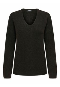 Maglione a maglia marrone scuro con scollatura a V profonda, maniche lunghe e trama a costine. Presenta una vestibilità rilassata e un design minimalista.