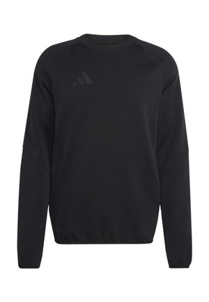 Schwarzer Langarmpullover mit Rundhalsausschnitt, dezenten strukturierten Einsätzen und einem tonalen Adidas-Logo auf der oberen Brust.