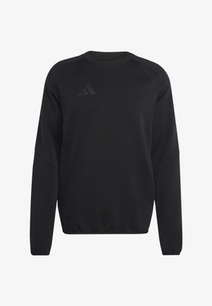 Schwarzer Langarmpullover mit Rundhalsausschnitt, dezenten strukturierten Einsätzen und einem tonalen Adidas-Logo auf der oberen Brust.