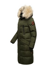 Olive green puffer coat with faux fur hood, side pockets, and zippered chest pocket. Features quilted sections and branded leather patch.