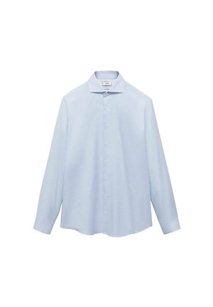 Light blue long-sleeve shirt made of smooth fabric. Features a classic collar, button closure, and curved hem. No patterns or accents visible.