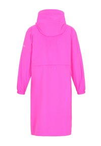 Geacă roz impermeabilă cu glugă, mâneci lungi și manșete elastice. Dispune de o textură netedă și o talie strânsă pentru un croi lejer.