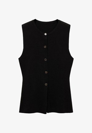 Musta hihaton toppi, joka on valmistettu teksturoidusta kankaasta ja jossa on pyöreä pääntie sekä kultasävyiset nappisuljenta etupuolella.