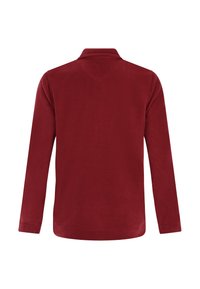 Achteraanzicht van een effen bordeauxrode fleecjacket met lange mouwen, een kraag en zonder zichtbare logo's of versieringen.