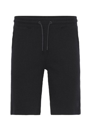 Mustat shortsit, jotka on valmistettu teksturoidusta kankaasta. Niissä on joustava vyötärönauha, jonka mukana on kiristysnauha, sekä sivutaskut. Pituus ulottuu reiden puoliväliin, yksinkertainen malli.