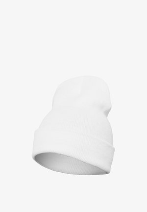 Weißer gestrickter Beanie mit einer weichen Textur, ausgestattet mit einem umgeschlagenen Bündchen und einem lässigen Design. Keine sichtbaren Muster oder Hardware-Details.