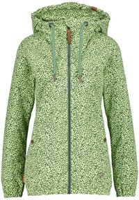 Zielona, wzorzysta kurtka z kapturem, z przednim zamkiem błyskawicznym, ściągaczami oraz brązowymi skórzanymi akcentami dla zwiększonej trwałości.