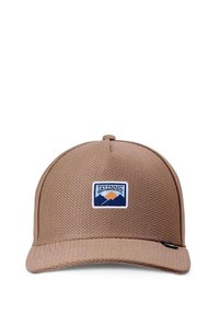 Brown mesh baseball cap with a flat brim, featuring a rectangular logo patch depicting mountains and a sunset in blue and orange.