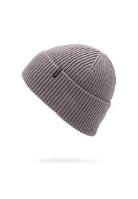 Lys grå strikket beanie med ribbede detaljer og en foldet manchet. Har et lille sort logo klip på siden.