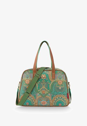 Green patterned handbag with floral and paisley designs, brown handles, and adjustable striped shoulder strap on a white background.