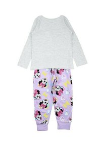 Un haut gris à manches longues avec un col rond associé à un pantalon de pyjama violet arborant un imprimé Minnie Mouse et des motifs colorés de cœurs et de nœuds.