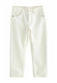 Jean en denim blanc avec un design à coupe droite, orn�és de surpiqûres orange, de cinq poches et d'une fermeture à bouton à la taille.