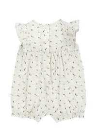 Combinaison blanche pour bébé avec de courtes manches froncées, motif de petites fleurs jaunes et marron, boutons pression au dos et ouvertures élastiques aux jambes.