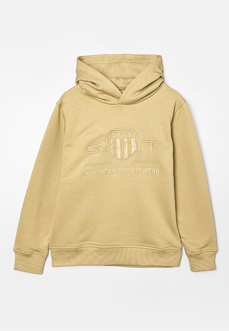 Beige hooded sweatshirt with front embroidery reading "1949 GANT American Sportswear," ribbed cuffs and hem, laid flat on white background.
