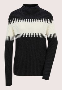 Schwarzer und weißer gestreifter Strickpullover mit hohem Kragen, langen Ärmeln und einem horizontalen weißen Streifen mit schwarzen vertikalen Linien über der Brust und den Ärmeln.