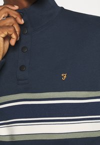 Ruka upravující horní knoflík námořnické modré košile s černými knoflíky a horizontálními bílými, námořnickými a šedými pruhy. Malé oranžové logo "F".