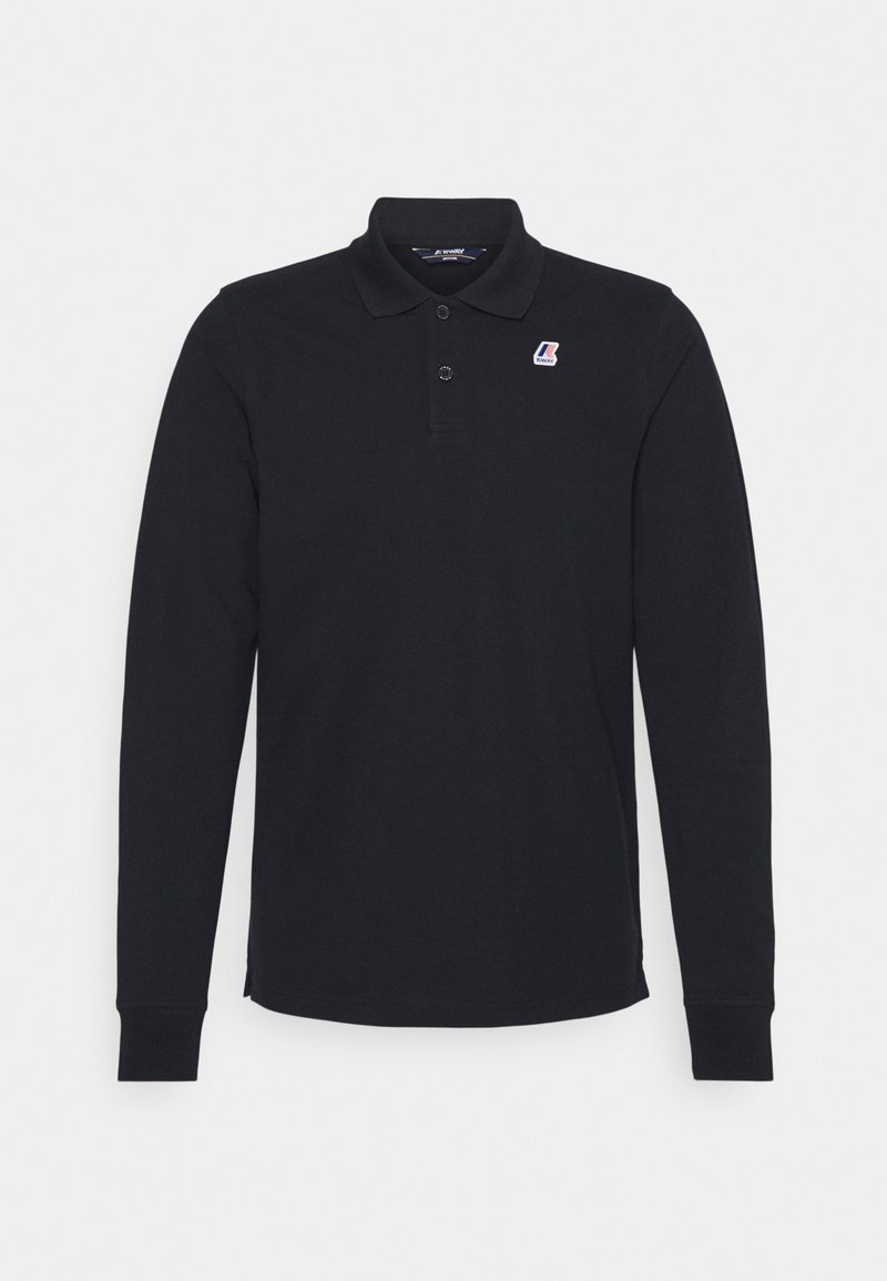 Polo noir à manches longues avec deux boutons et un petit logo multicolore sur la poitrine gauche.