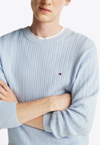 Maglione azzurro chiaro lavorato a maglia con motivo a treccia testurizzato, polsini a coste e un piccolo logo decorativo sul petto.