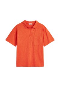 Oranžová polo košeľa s krátkym rukávom z štruktúrovanej tkaniny, so zapínaním na polovičný gombík a ľavým vreckom na hrudi. Jednoduchý, uvoľnený strih.