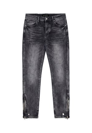 Zwart vervaagde skinny jeans met voor- en achterzakken, lussen voor riem, knoopsluiting en ritssluitingen met drukknopen aan de zoom bij de enkels.