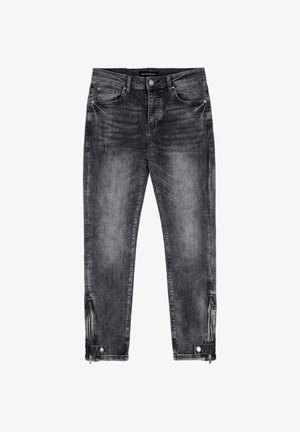 Zwart vervaagde skinny jeans met voor- en achterzakken, lussen voor riem, knoopsluiting en ritssluitingen met drukknopen aan de zoom bij de enkels.