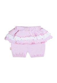 Shorts rosa con un design a strati di rouches, caratterizzati da un rouche bianco con pois multicolori. Vita elastica e orli delle gambe arricciati.
