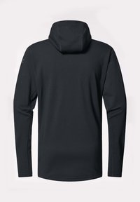 Felpa nera con cappuccio realizzata in tessuto morbido. Presenta maniche lunghe, un retro senza cuciture e un design minimalista senza motivi o loghi.
