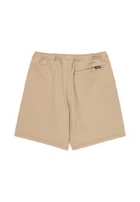 Short beige à taille élastique avec une seule poche arrière présentant une petite étiquette noire de la marque Element.