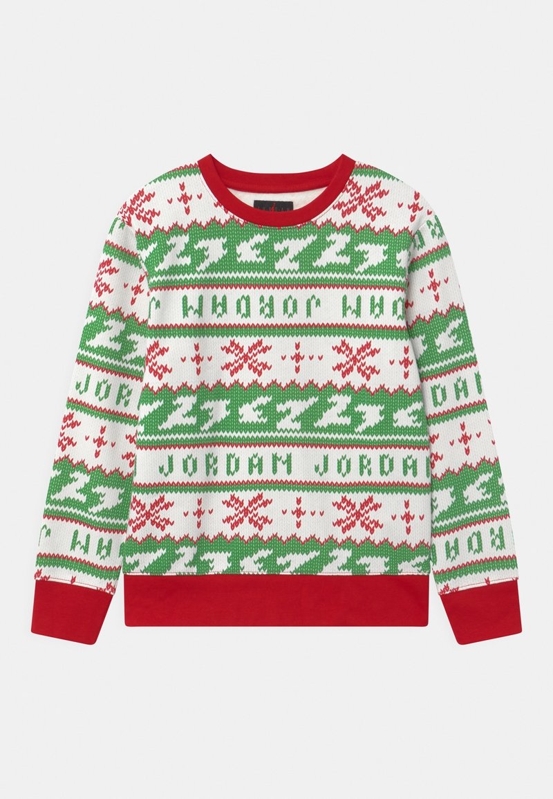 Suéter de Navidad blanco con copos de nieve rojos, patrones en zigzag verdes, cuello y puños rojos, y texto "JORDAN" en verde a lo largo del cuerpo y las mangas.