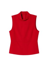 Top rojo sin mangas con cuello alto y cremallera en la espalda, ajustado en la cintura, exhibido sobre un fondo blanco.
