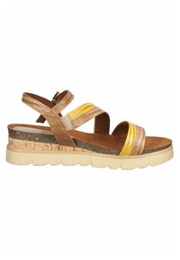 Sandale femme marron et dorée avec plusieurs lanières, semelle intermédiaire en liège, et semelle extérieure en caoutchouc texturé. Détail de boucle réglable inclus.