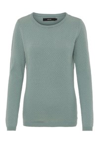 Ljusgrön tröja med en texturerad diamantmönster, rund halsringning och långa ärmar, med ribbad mudd och nederkant.