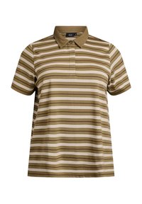 Polo shirt rayé brun à manches courtes, avec une patte de boutonnage et des rayures blanches contrastantes. Tissu doux avec une coupe décontractée.